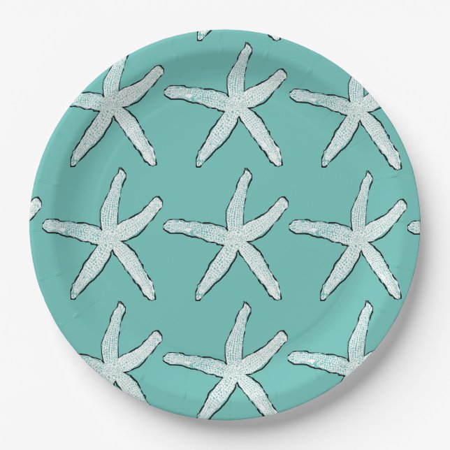 Starfish Pattern Beach Teal Baby Showers Birthdays Paper Plate (Front)