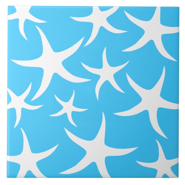 Starfish Pattern, Bright Turquoise Blue and White. Tile (Front)