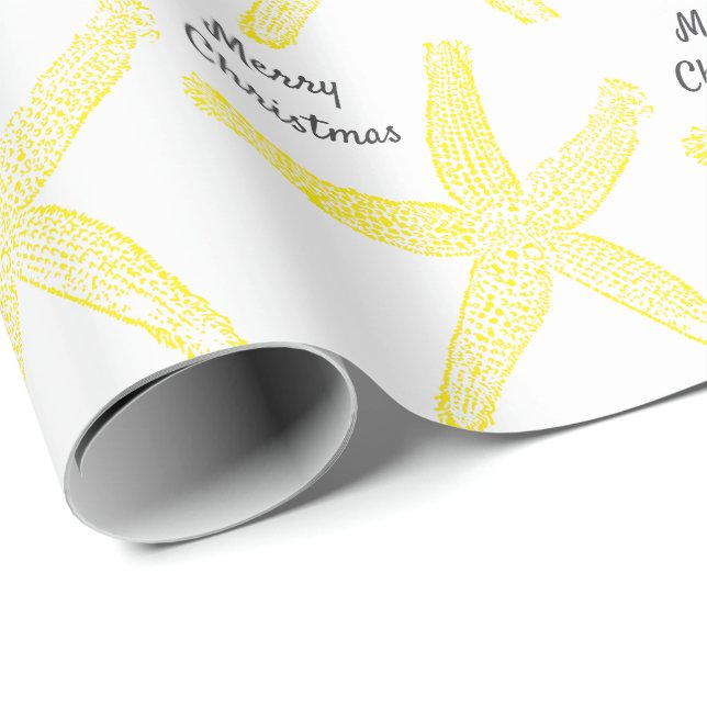 Starfish Pattern Gold Yellow Merry Christmas Beach Wrapping Paper (Roll Corner)