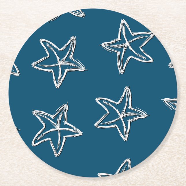 Starfish Pattern On Ocean Blue Colour Round Paper Coaster (Front)