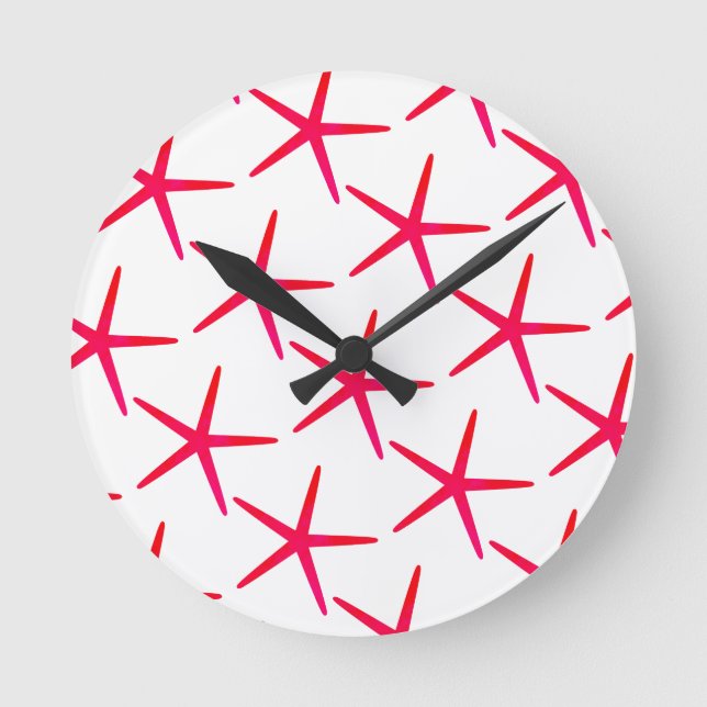 Starfish Patterns Beach Pink Red White Cute Girly Round Clock (Front)
