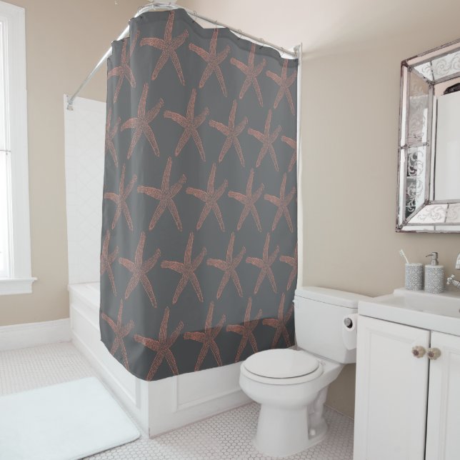 Starfish Patterns Coral Grey Grey Orange Peach Shower Curtain (In Situ)