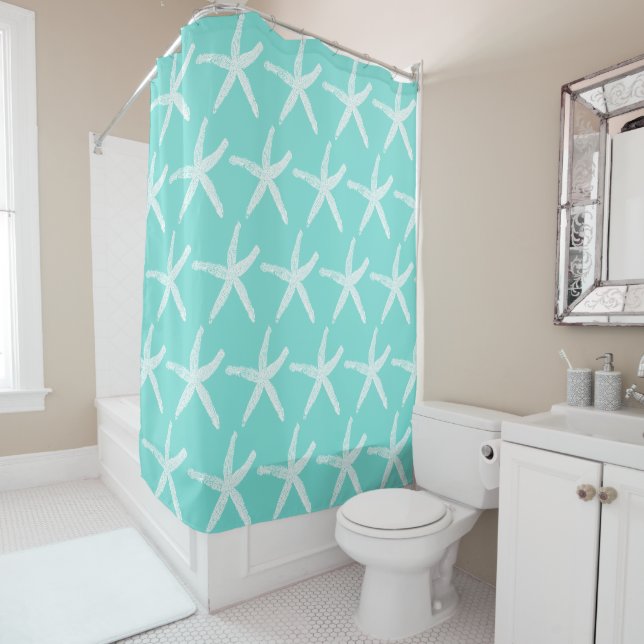 Starfish Patterns Nautical Beach White Teal Blue Shower Curtain (In Situ)