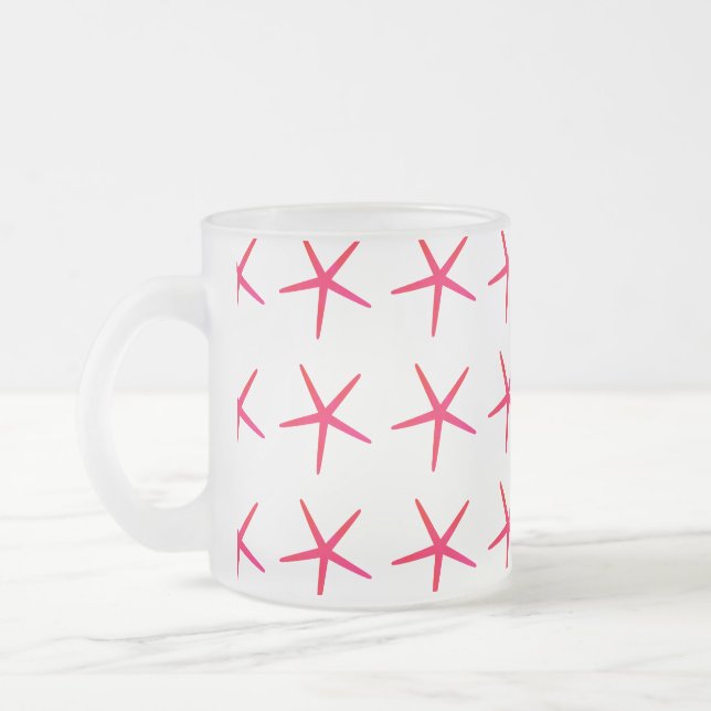 Starfish Patterns Pink White Nautical Cute Gift Frosted Glass Coffee Mug (Left)