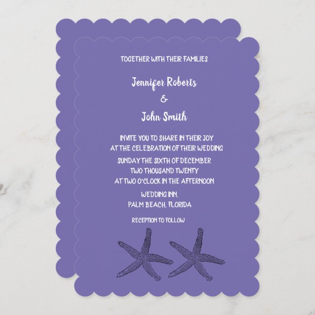 Starfish Patterns Purple White Cute Beach Wedding Invitation (Front/Back)