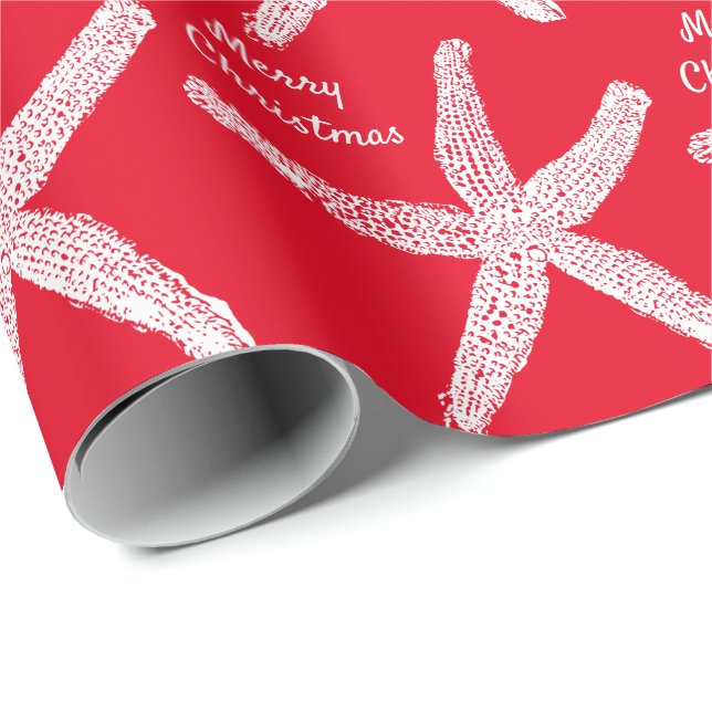Starfish Patterns Red White Beach Merry Christmas Wrapping Paper (Roll Corner)