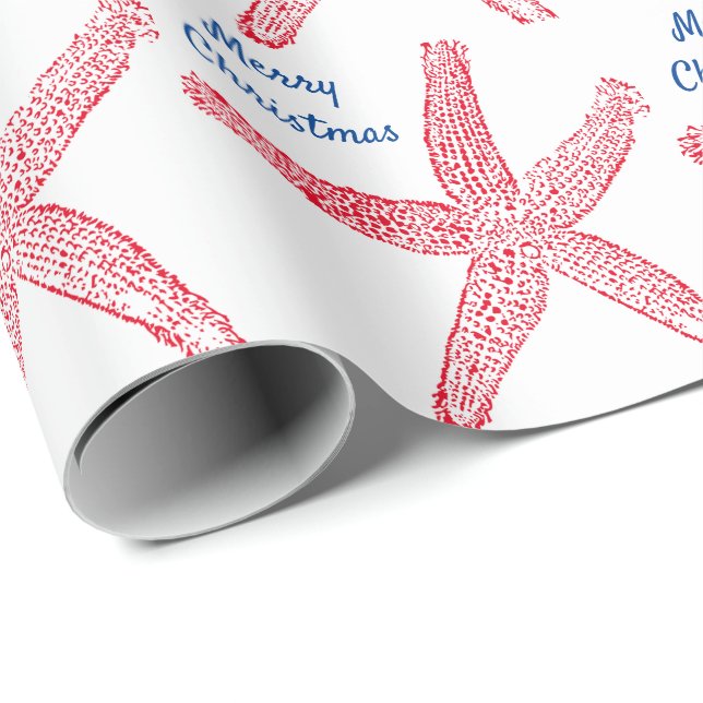 Starfish Patterns Red White Blue Merry Christmas Wrapping Paper (Roll Corner)