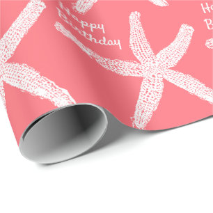 Starfish Patterns Salmon Pink Beach Happy Birthday Wrapping Paper