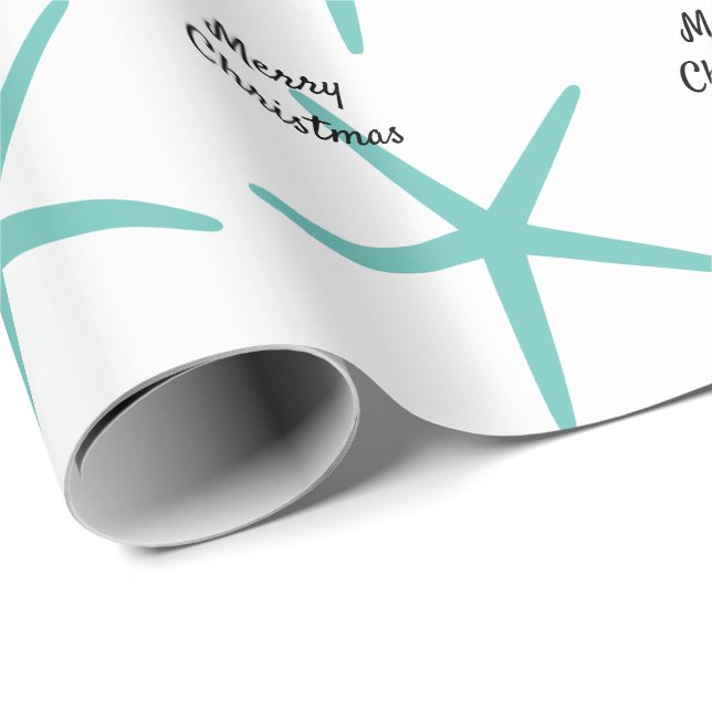 Starfish Patterns Teal Beach Merry Christmas White Wrapping Paper (Roll Corner)
