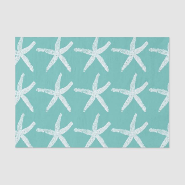 Starfish Patterns White Teal Blue Beach Nautical Tissue Paper (Front)