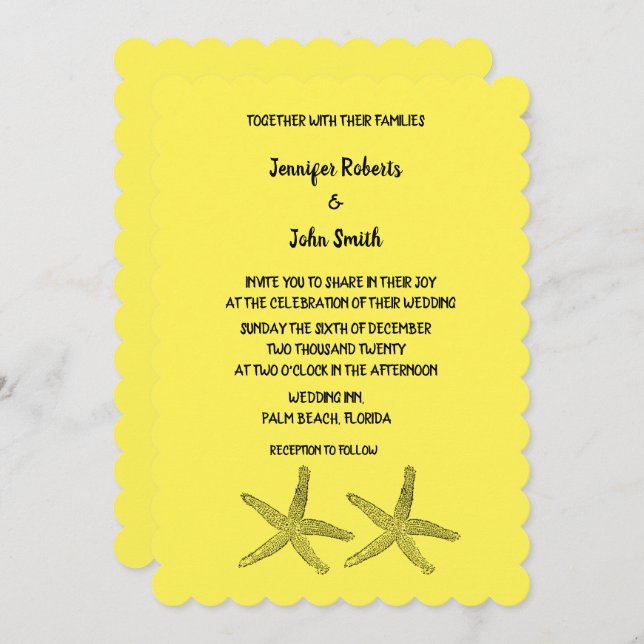 Starfish Patterns Yellow Black Colourful Wedding Invitation (Front/Back)