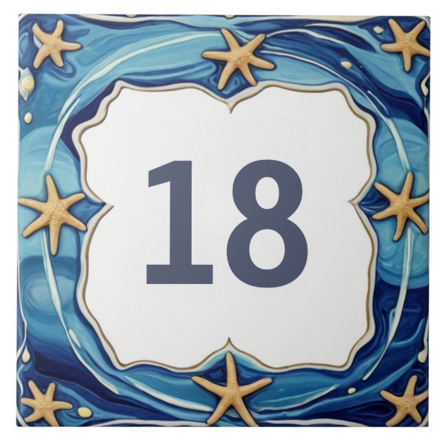 Starfish Personalised Beach House Number Sign Tile (Front)