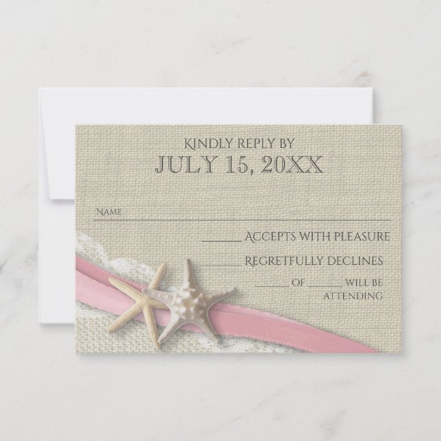Starfish Pink Ribbon and Lace Rustic Response Card (Front)