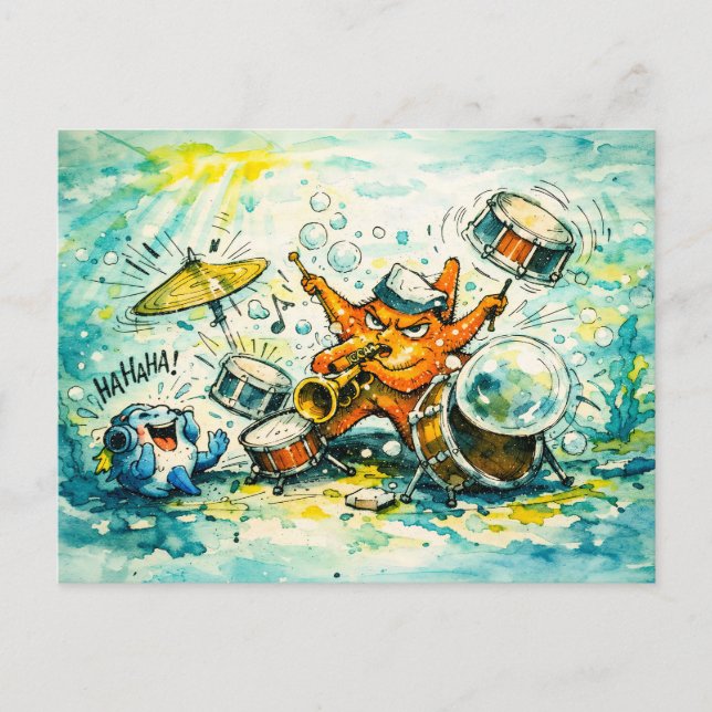 Starfish playing drums and trumpet   postcard (Front)