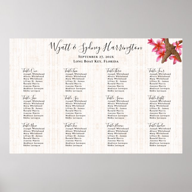 Starfish Plumeria Wood Background Seating Chart (Front)