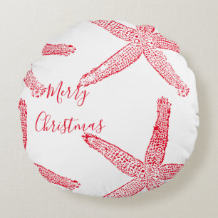 Starfish Red White Beach Merry Christmas Elegant Round Cushion