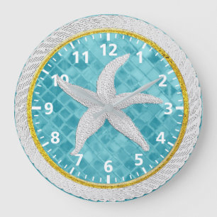 Starfish Rope Blue Aqua Glass Large Clock