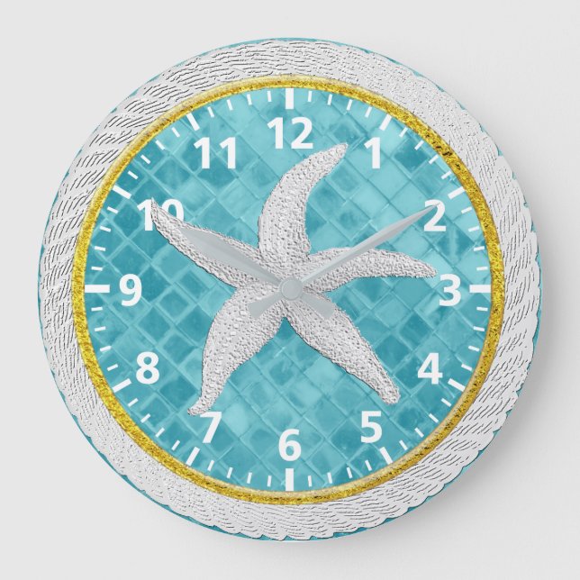 Starfish Rope Blue Aqua Glass Large Clock (Front)