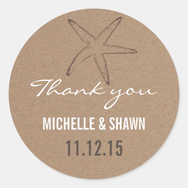 Starfish Rustic Kraft Paper Wedding Favour Classic Round Sticker (Front)