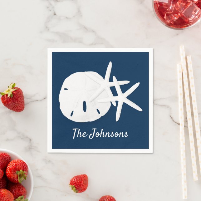 Starfish Sand Dollar Coastal Navy Blue Custom Napkin (Insitu)