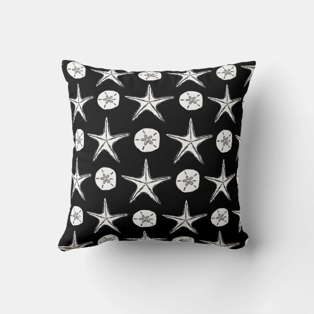 Starfish Sand Dollar Sketch Pattern On Black Cushion (Back)