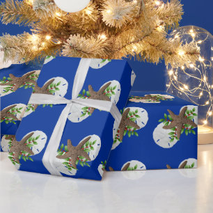 Starfish Sand Dollars Festive Blue Christmas Wrapping Paper