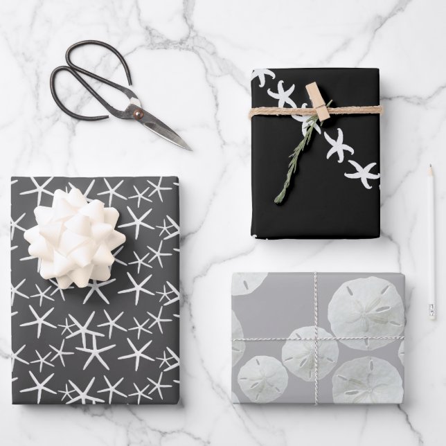 Starfish Sand Dollars Neutral Black Grey Wrapping Paper Sheet (Front)