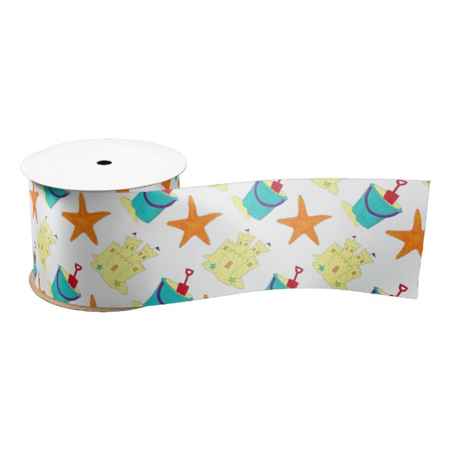 Starfish Sandcastle Beach Pail Summer Vacation Fun Satin Ribbon (Spool)