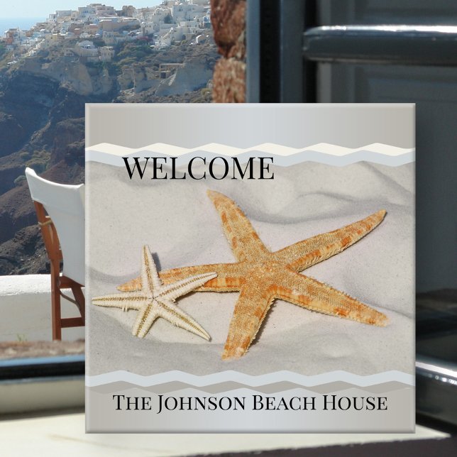 Starfish Sandy Beach House Ceramic Tile (Beach house ceramic tile featuring two starfish on the sand with a wave design)