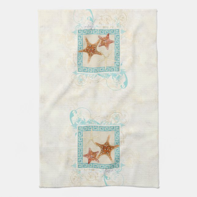 Starfish Sea Shells Ocean Greek Key Pattern Beach Tea Towel (Vertical)