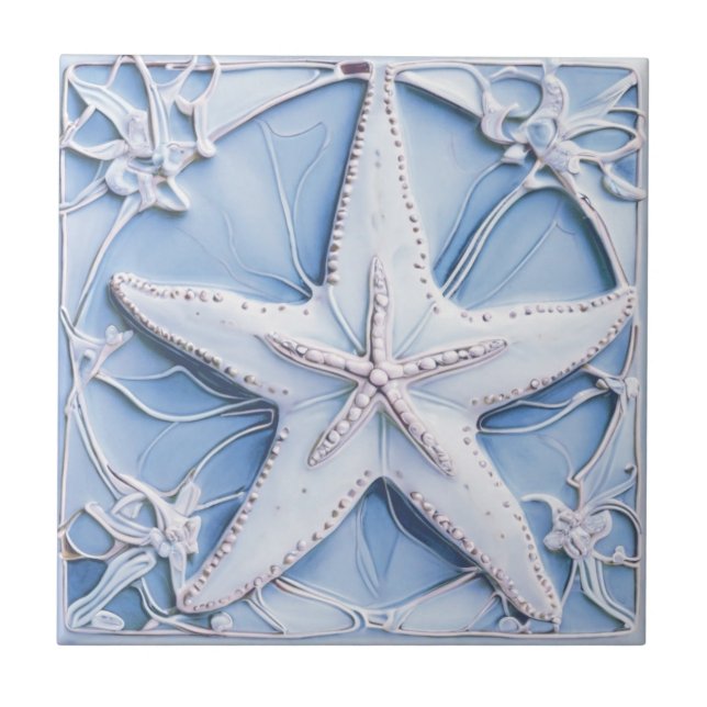 Starfish Sea Star Blue Art Nouveau Faux Relief Tile (Front)