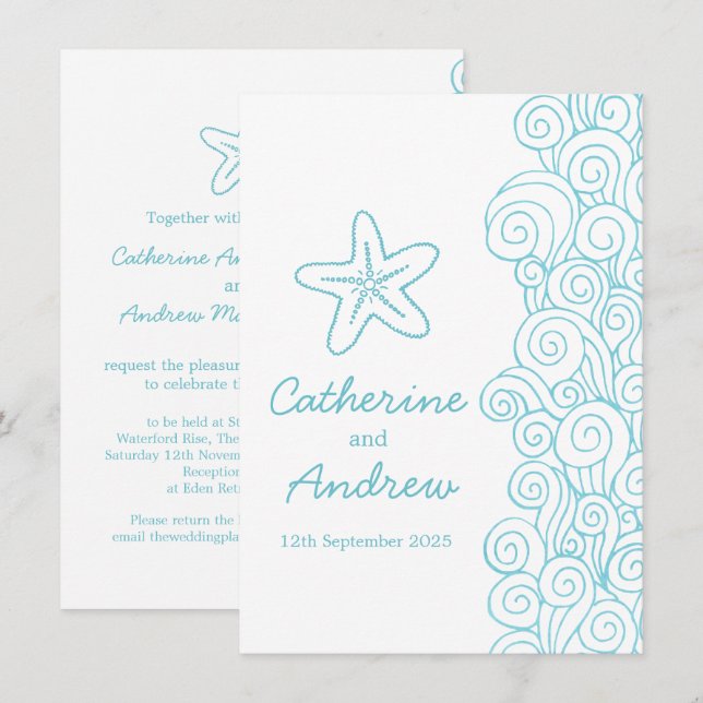 Starfish sea swirl blue beach wedding invitation (Front/Back)
