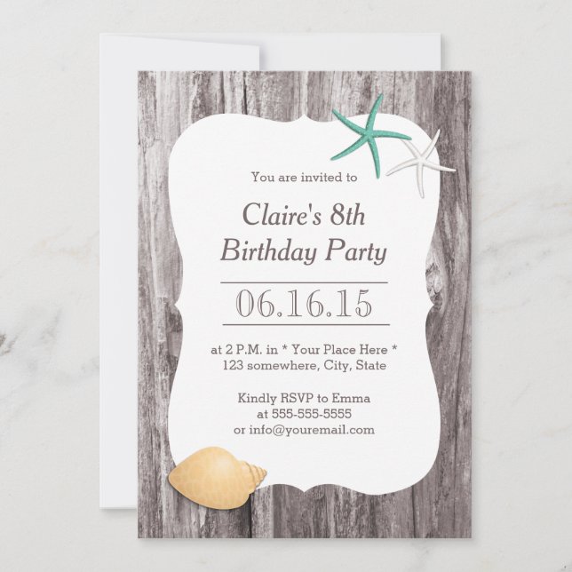 Starfish & Seashell Beach Driftwood Birthday Party Invitation (Front)