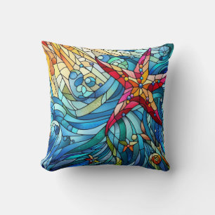Starfish Seashell Beach Stained Glass Coastal Cushion