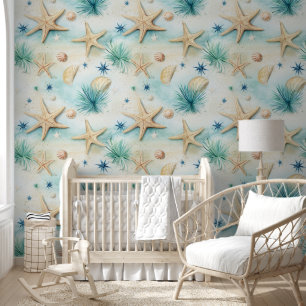 Starfish seashell nautical seamless pattern beige wallpaper
