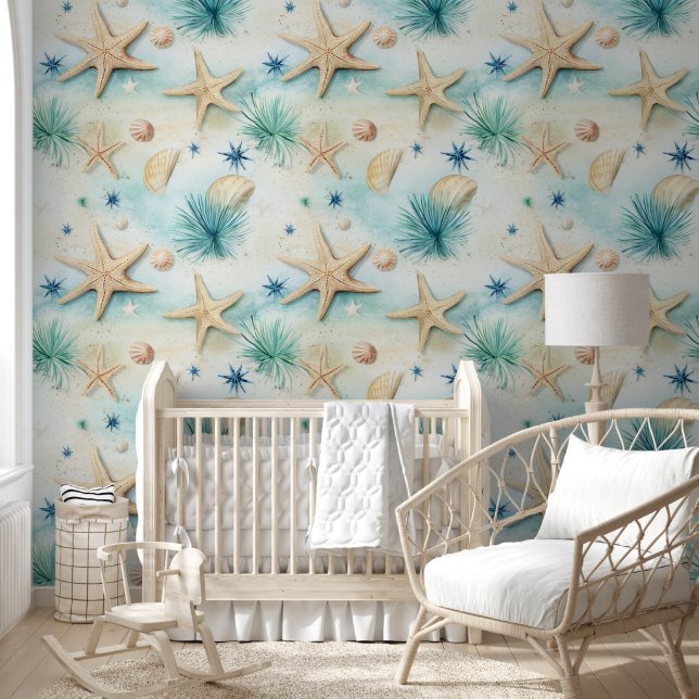 Starfish seashell nautical seamless pattern beige  wallpaper (Kids)