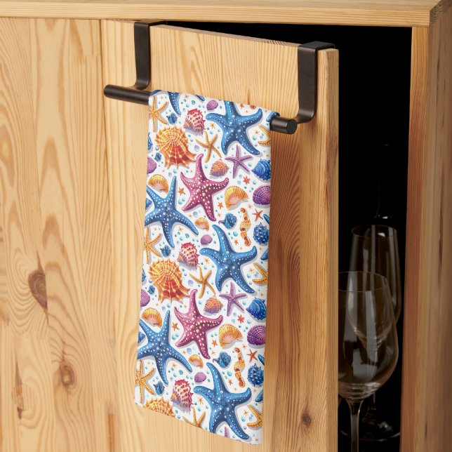 Starfish Seashell Nautical Summer Kitchen Towel (Thirds Fold)