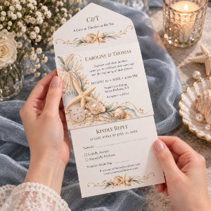 Starfish Seashell Seaside Coastal Wedding All In One Invitation