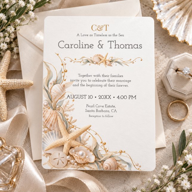 Starfish Seashell Seaside Coastal Wedding Invitation (Creator Uploaded)