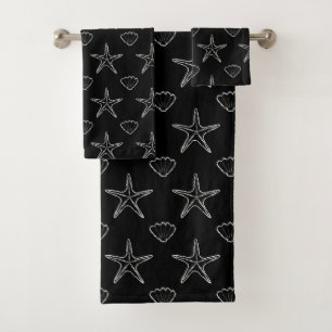 Starfish Seashell Sketch Pattern On Black Bath Towel Set
