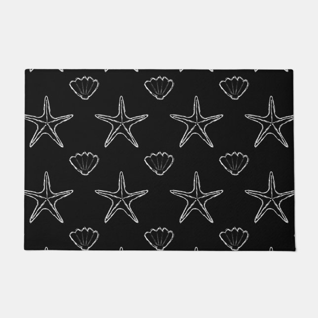 Starfish Seashell Sketch Pattern On Black Doormat (Front)