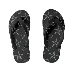 Starfish Seashell Sketch Pattern On Black Kid's Jandals