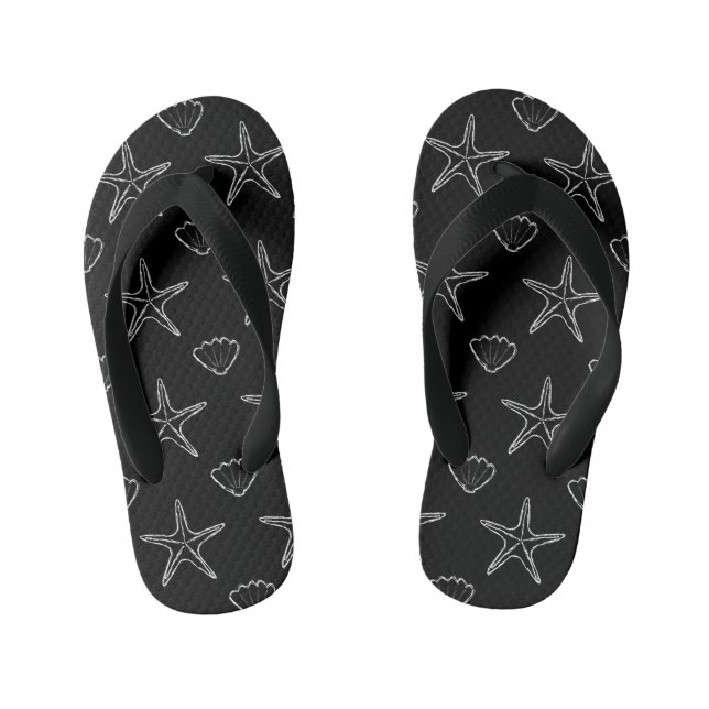 Starfish Seashell Sketch Pattern On Black Kid's Jandals (Footbed)