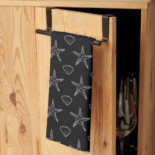 Starfish Seashell Sketch Pattern On Black Tea Towel