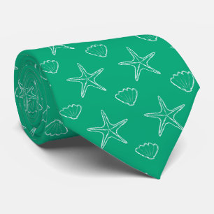 Starfish Seashell Sketch Pattern On Green Tie
