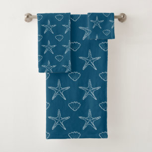 Starfish Seashell Sketch Pattern On Ocean Blue Bath Towel Set