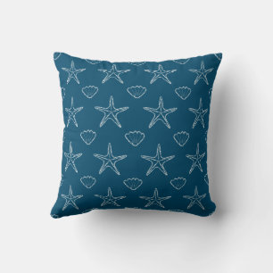 Starfish Seashell Sketch Pattern On Ocean Blue Cushion