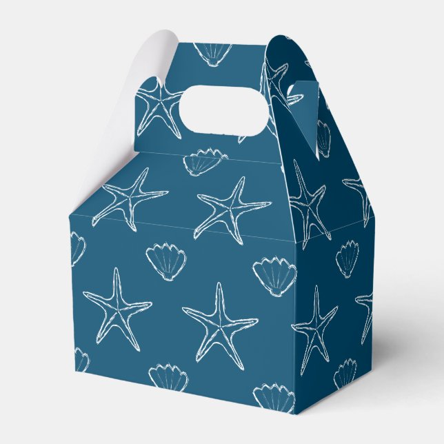 Starfish Seashell Sketch Pattern On Ocean Blue Favour Box (Front Side)