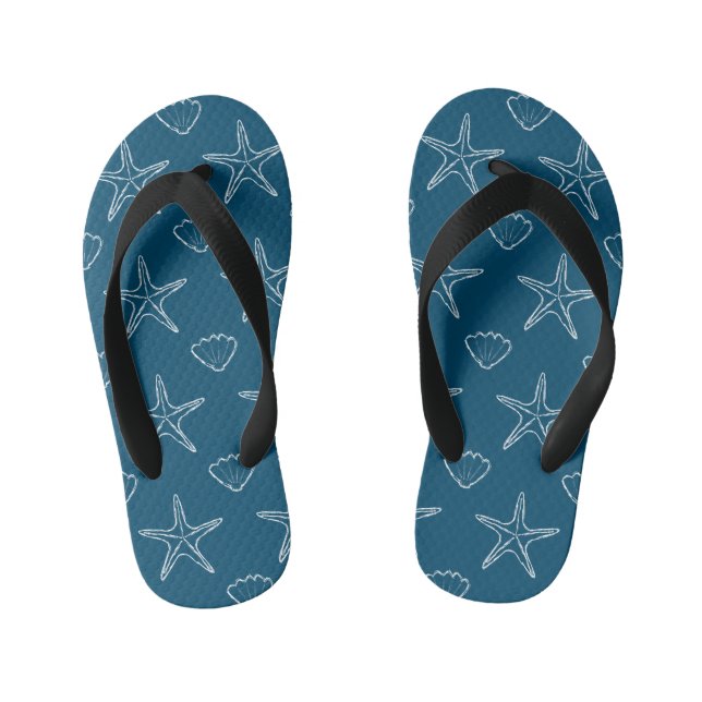 Starfish Seashell Sketch Pattern On Ocean Blue Kid's Jandals (Footbed)