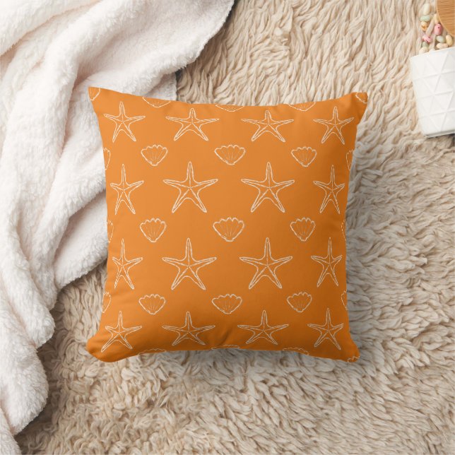 Starfish Seashell Sketch Pattern On Orange Cushion (Blanket)